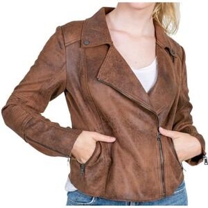 Marrakech Women's S Zoe Distressed Moto Jacket Brown Snap Zip Up w/Pockets Suede
